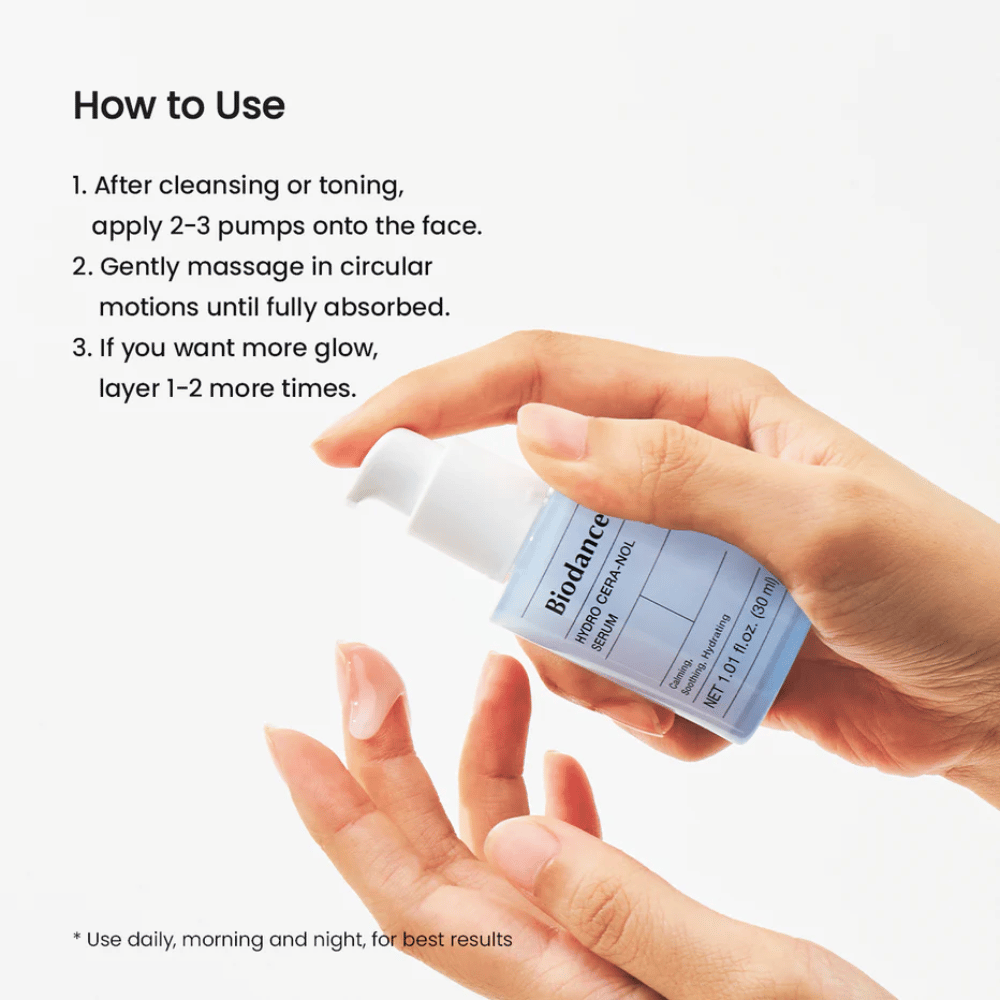 Après le nettoyage ou toner visage, appliquez 2–3 pressions sur le visage. Massez doucement en mouvements circulaires jusqu'à absorption complète du sérum. Pour un éclat supplémentaire, appliquez 1–2 couches supplémentaires. Utilisez matin et soir.