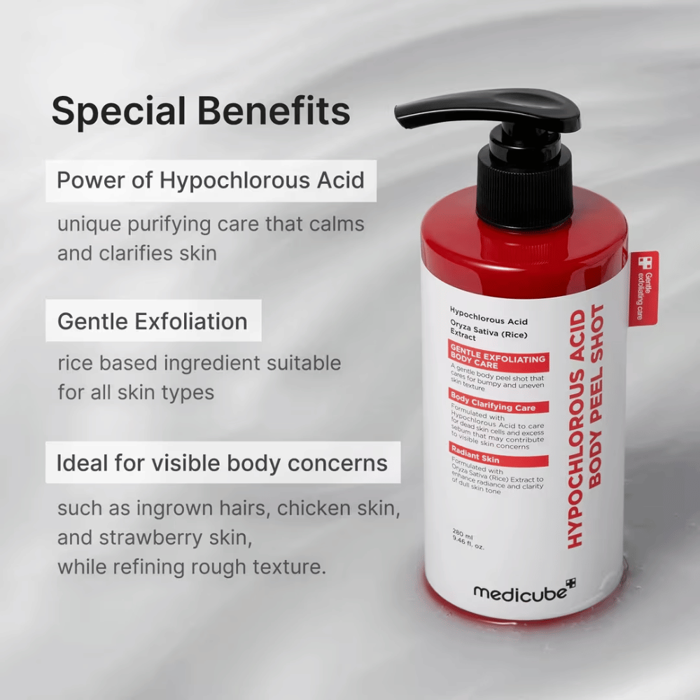 Image d’information pour Medicube Hypochlorous Acid Body Peel Shot axée sur l’acide hypochloreux, l’exfoliation douce et le soin des peaux du corps granuleuses et irrégulières.