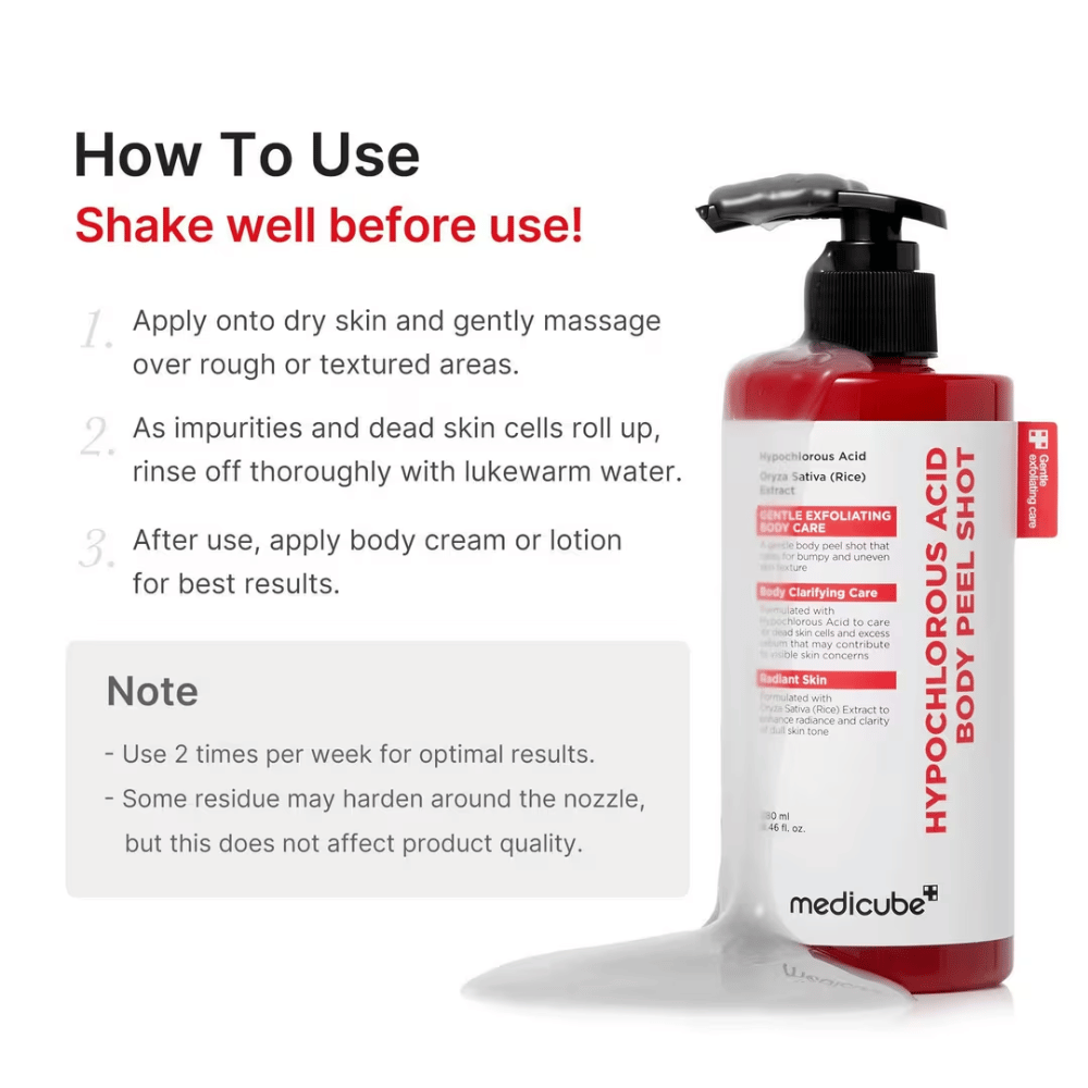 Image d’instructions pour Medicube Hypochlorous Acid Body Peel Shot montrant comment le peeling corporel s’utilise étape par étape pour une exfoliation et une peau plus douce.