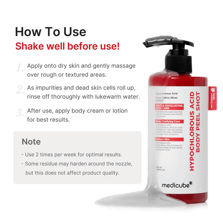 Image d’instructions pour Medicube Hypochlorous Acid Body Peel Shot montrant comment le peeling corporel s’utilise étape par étape pour une exfoliation et une peau plus douce.