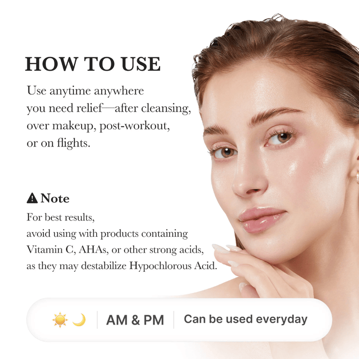 Guide d’utilisation montrant un modèle avec une peau hydratée et éclatante. L’image explique que le spray peut être utilisé après le nettoyage, par-dessus le maquillage, après l’entraînement ou pendant les voyages. Elle contient également des informations indiquant d’éviter l’utilisation avec des acides puissants comme les AHA et la vitamine C.