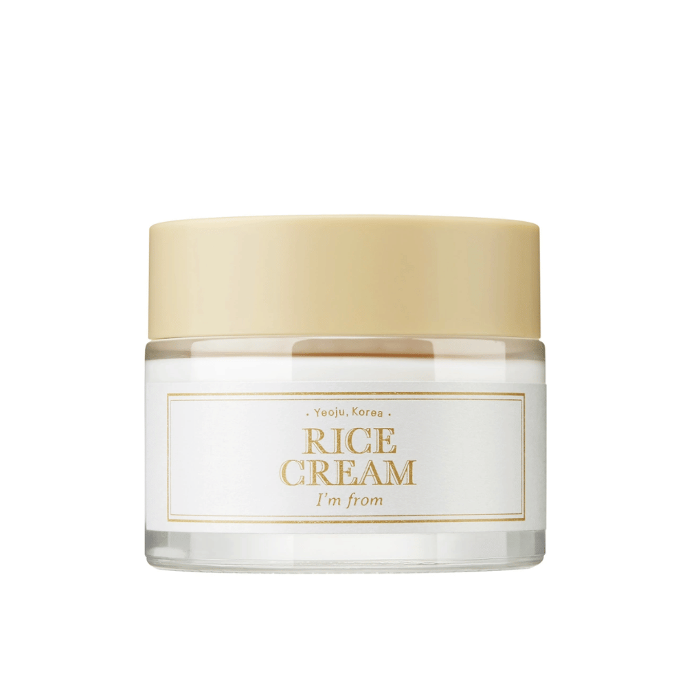 Un pot avec le texte "RICE CREAM" et "I'm from" ainsi qu'une référence à "Yeoju, Corée" sur l'étiquette.