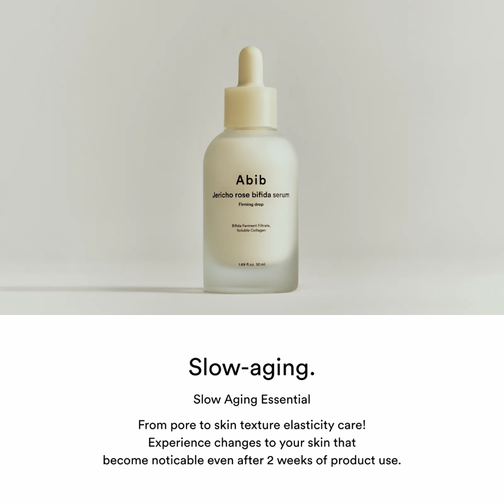 Image produit minimaliste de Abib Jericho Rose Bifida Serum Firming Drop mettant l’accent sur le slow-aging et l’élasticité de la peau.