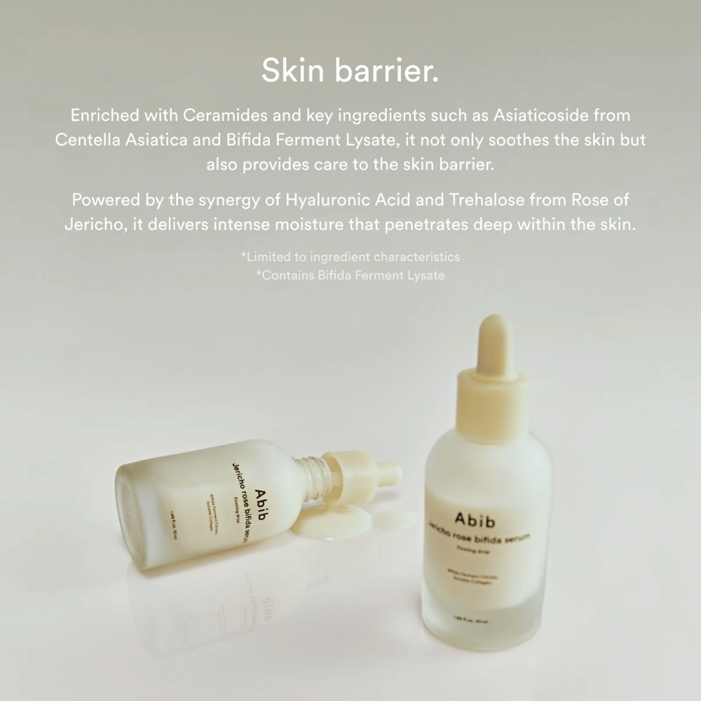 Image produit de Abib Jericho Rose Bifida Serum accompagnée d’informations sur la barrière cutanée, les céramides et l’hydratation intense.