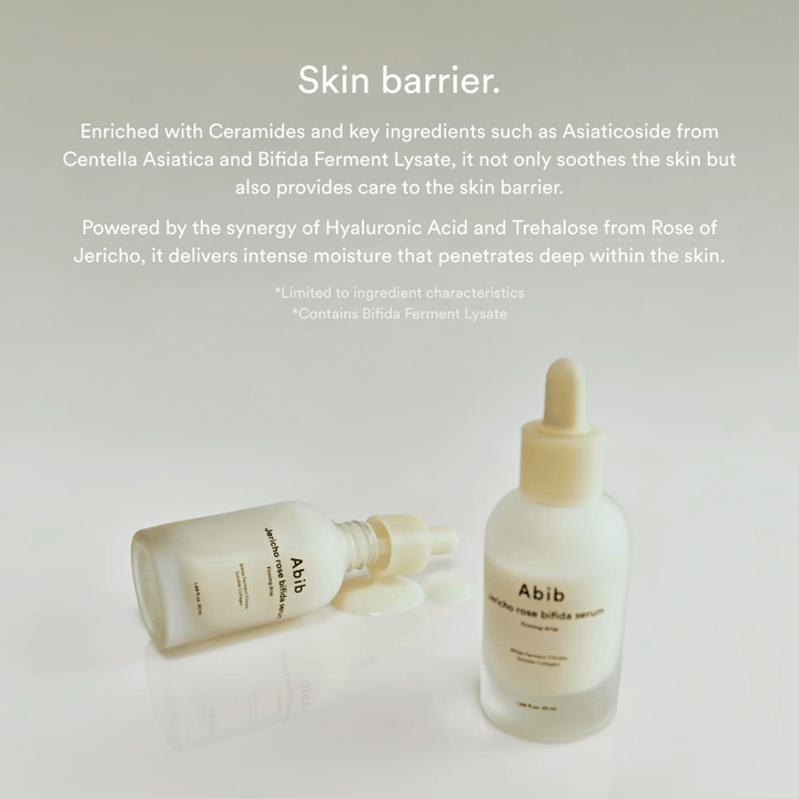Image produit de Abib Jericho Rose Bifida Serum accompagnée d’informations sur la barrière cutanée, les céramides et l’hydratation intense.