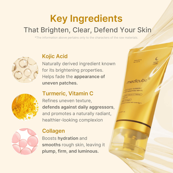 Medicube Kojic Acid Turmeric Night Wrapping Mask avec de l’acide kojique, du curcuma, de la vitamine C et du collagène pour l’éclat, l’hydratation et un teint plus uniforme.