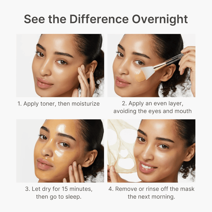Medicube Kojic Acid Turmeric Night Wrapping Mask s’applique comme masque de nuit en quatre étapes pour une peau plus claire, plus uniforme et plus éclatante pendant la nuit.