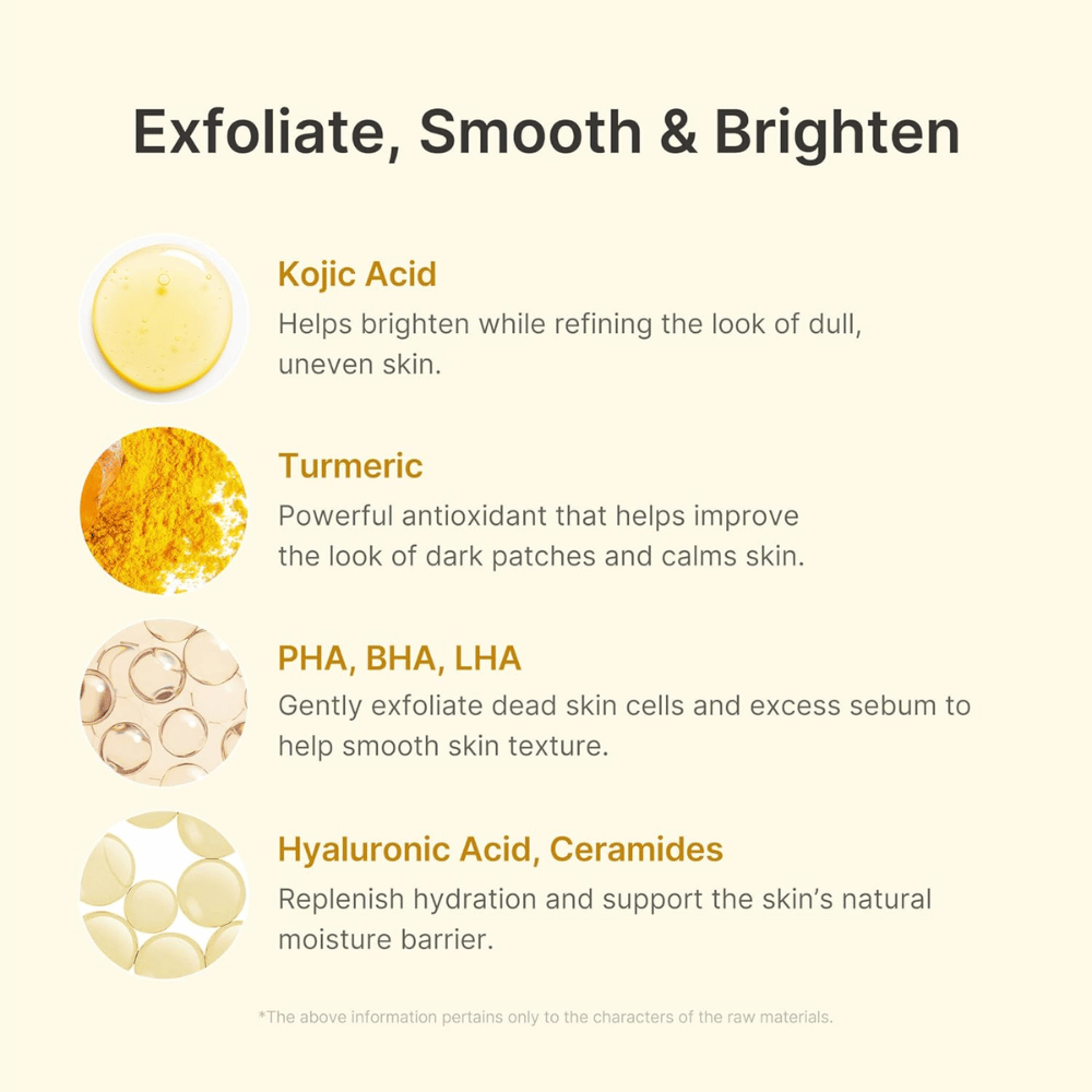 Medicube Kojic Acid Turmeric Peel Shot avec acide kojique, curcuma, PHA, BHA, LHA, acide hyaluronique et céramides.