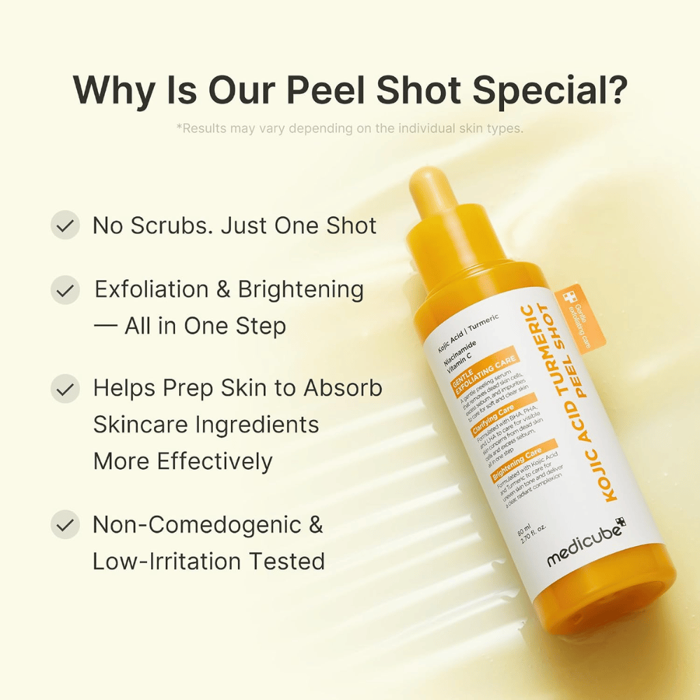 Medicube Kojic Acid Turmeric Peel Shot – peeling exfoliant à l’acide kojique et au curcuma pour un teint plus uniforme, plus d’éclat et une peau plus lisse.