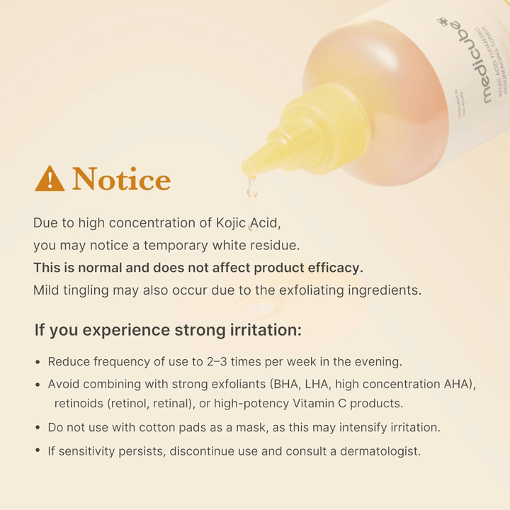 Image d’information pour Medicube Kojic Acid Turmeric Resurfacing Toner avec des informations d’utilisation importantes sur l’acide kojique, l’exfoliation et la manière de réduire l’irritation en cas de peau sensible.