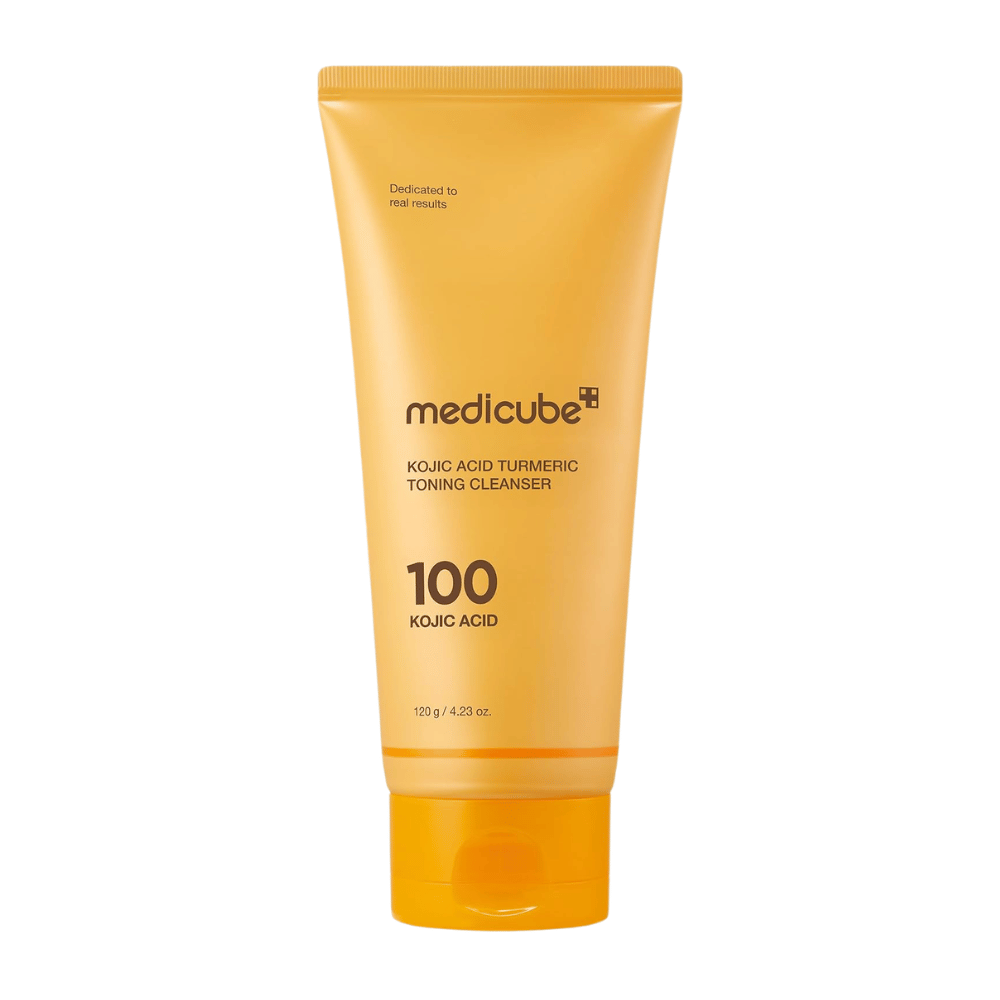 Medicube Kojic Acid Turmeric Toning Cleanser 120 g, nettoyant pour le visage à l’acide kojique et au curcuma dans un tube jaune sur fond blanc.