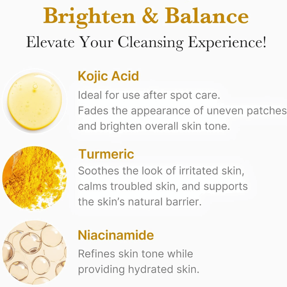 Medicube Kojic Acid Turmeric Toning Cleanser avec acide kojique, curcuma et niacinamide. Aperçu des ingrédients pour un teint plus uniforme.
