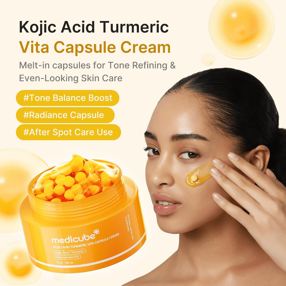 4. Medicube Kojic Acid Turmeric Vita Capsule Cream – crème visage illuminateur avec capsules à appliquer sur la joue