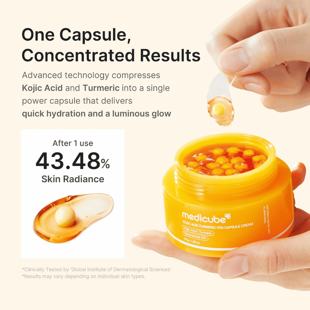 1. Medicube Kojic Acid Turmeric Vita Capsule Cream – crème visage avec capsules concentrées pour l’hydratation et un éclat accru