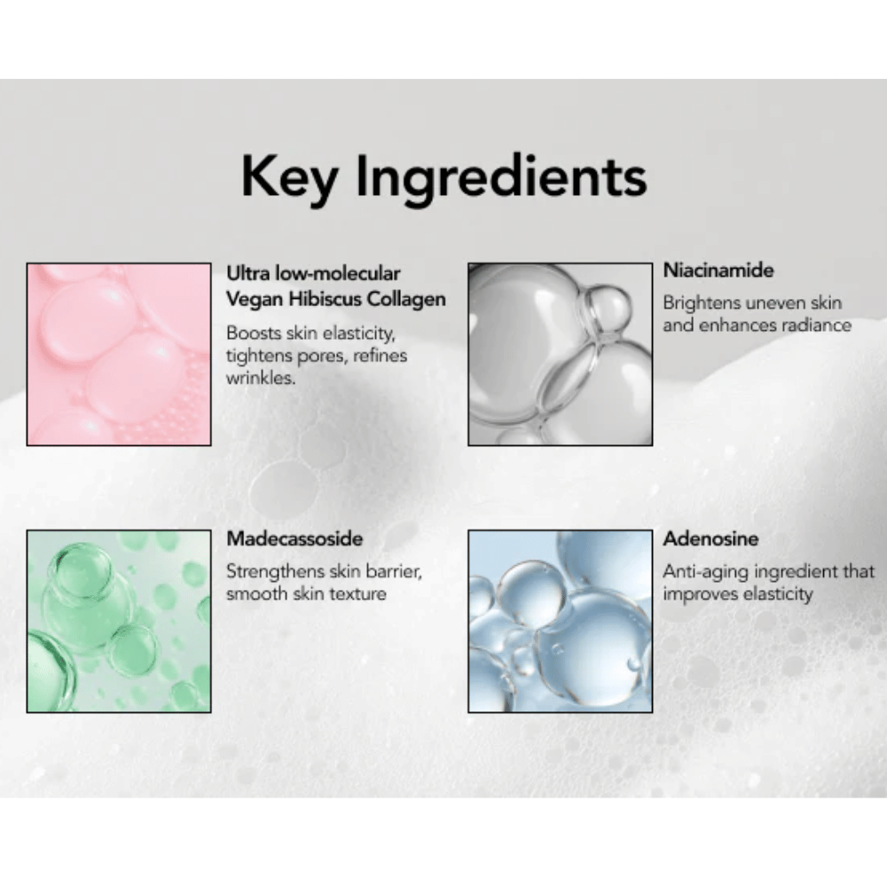 Image informative mettant en avant les ingrédients clés de MENOKIN LIFT 30 Seconds Quick Bubble Mask, notamment le collagène d’hibiscus vegan, la niacinamide, le madécassoside et l’adénosine pour l’élasticité, l’éclat et la barrière cutanée.