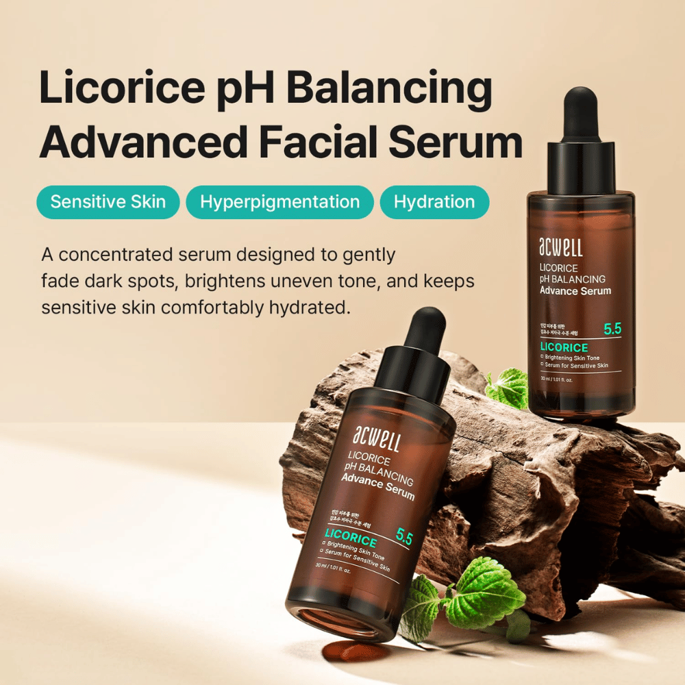 Image marketing pour Acwell Licorice pH Balancing Advance Serum mettant l’accent sur la peau sensible, l’hyperpigmentation et l’hydratation.