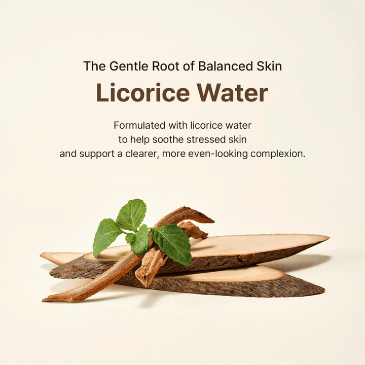 Image informative sur l’eau de réglisse et ses effets apaisants et unifiants sur la peau.