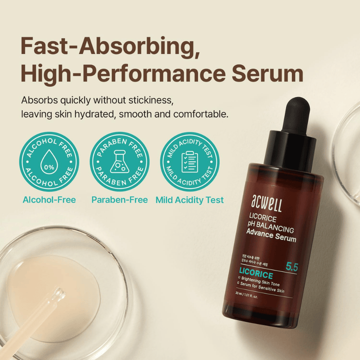 Image informative mettant en avant la formule du sérum à absorption rapide ainsi que le fait qu’elle est sans alcool, sans parabènes et testée au pH pour les peaux sensibles.