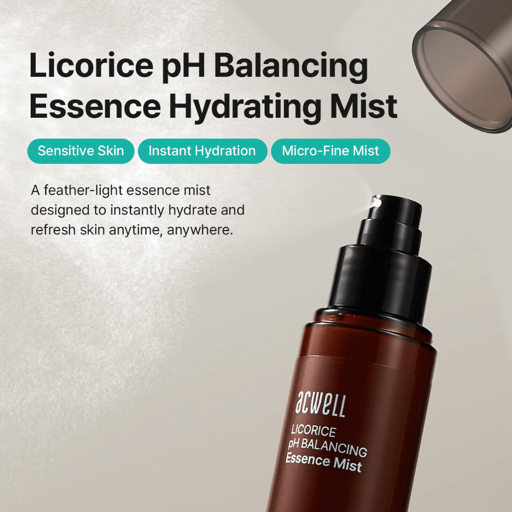 Acwell Licorice pH Balancing Essence Mist mettant l’accent sur la peau sensible, l’hydratation intense et la technologie de pulvérisation microfine. Brume essence rafraîchissante qui hydrate la peau à tout moment de la journée.