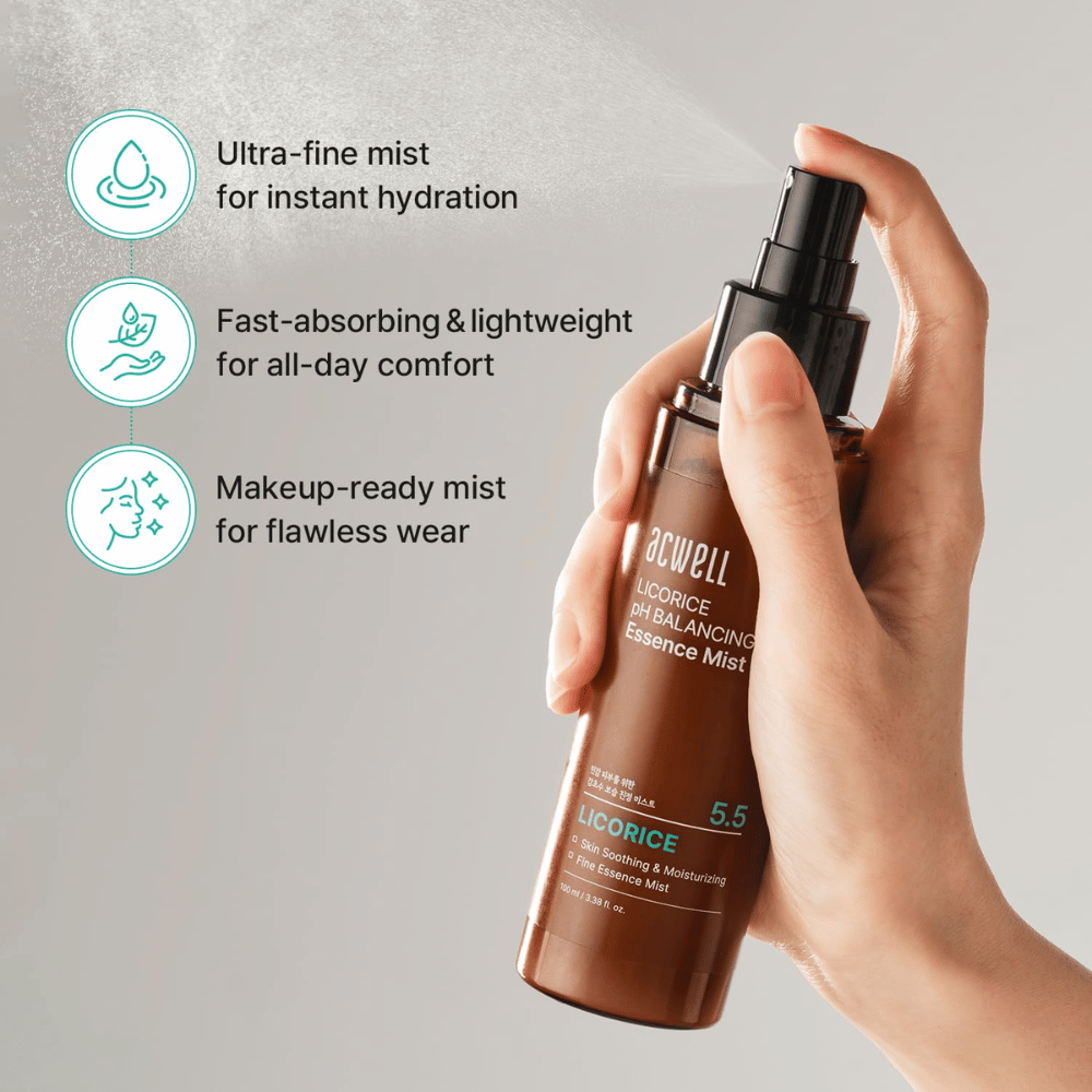Acwell Licorice pH Balancing Essence Mist est vaporisé en une brume finement diffusée. Formule légère qui absorbe rapidement, procure une hydratation immédiate et fonctionne avec ou sans maquillage.