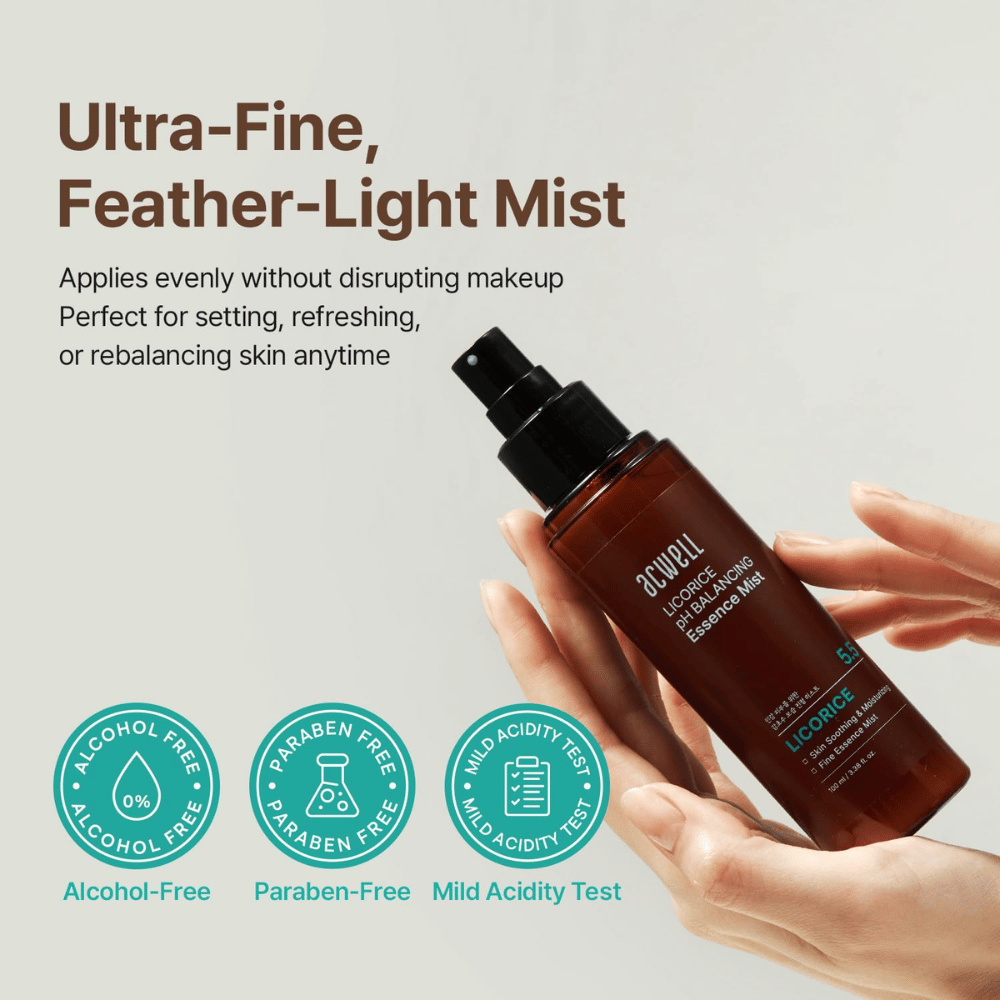 Acwell Licorice pH Balancing Essence Mist est tenu en main et vaporisé en une brume ultrafine. L’image met en avant une formule sans alcool et sans parabènes ainsi qu’un pH respectueux de la peau, adapté aux peaux sensibles.