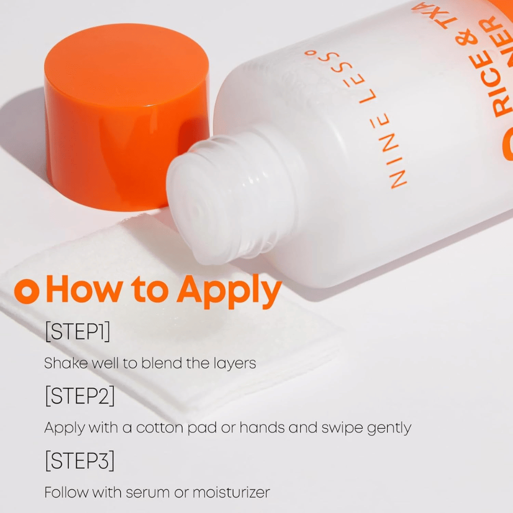 1. NINE LESS MELA-PRO Rice & TXA Toner – mode d’emploi de la lotion tonique à secouer avant application avec un coton ou les mains
