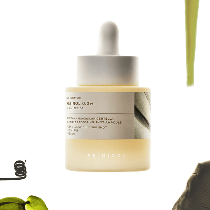 SKIN1004 Madagascar Centella Retinol 0.2 Boosting Shot Ampoule – sérum rétinol coréen avec 0,2 % de rétinol et centella asiatica pour une texture de peau améliorée, élasticité et teint plus uniforme.