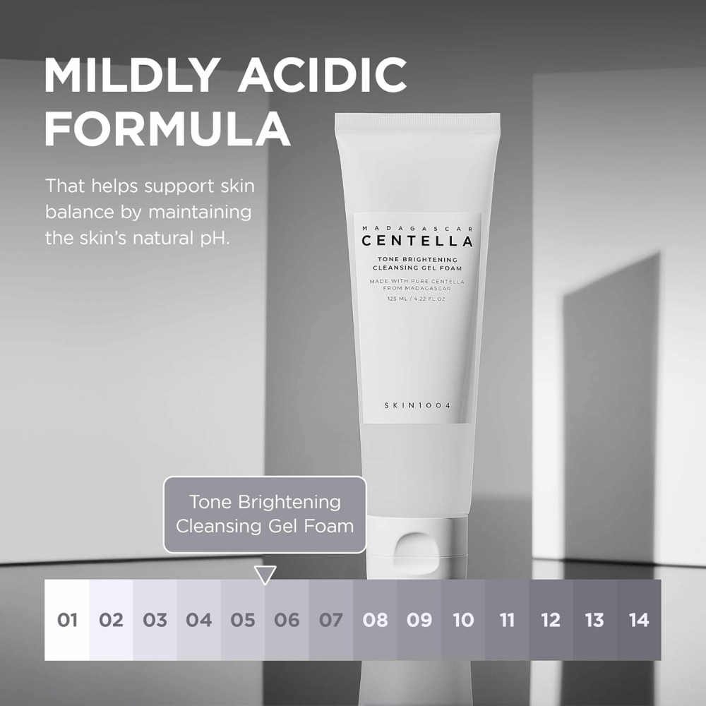 Image d’information décrivant la formule légèrement acide (pH bas) du produit. L’image souligne comment le nettoyage aide à préserver l’équilibre naturel de la peau tout en la nettoyant efficacement.