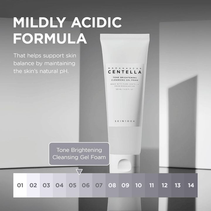 Image d’information décrivant la formule légèrement acide (pH bas) du produit. L’image souligne comment le nettoyage aide à préserver l’équilibre naturel de la peau tout en la nettoyant efficacement.