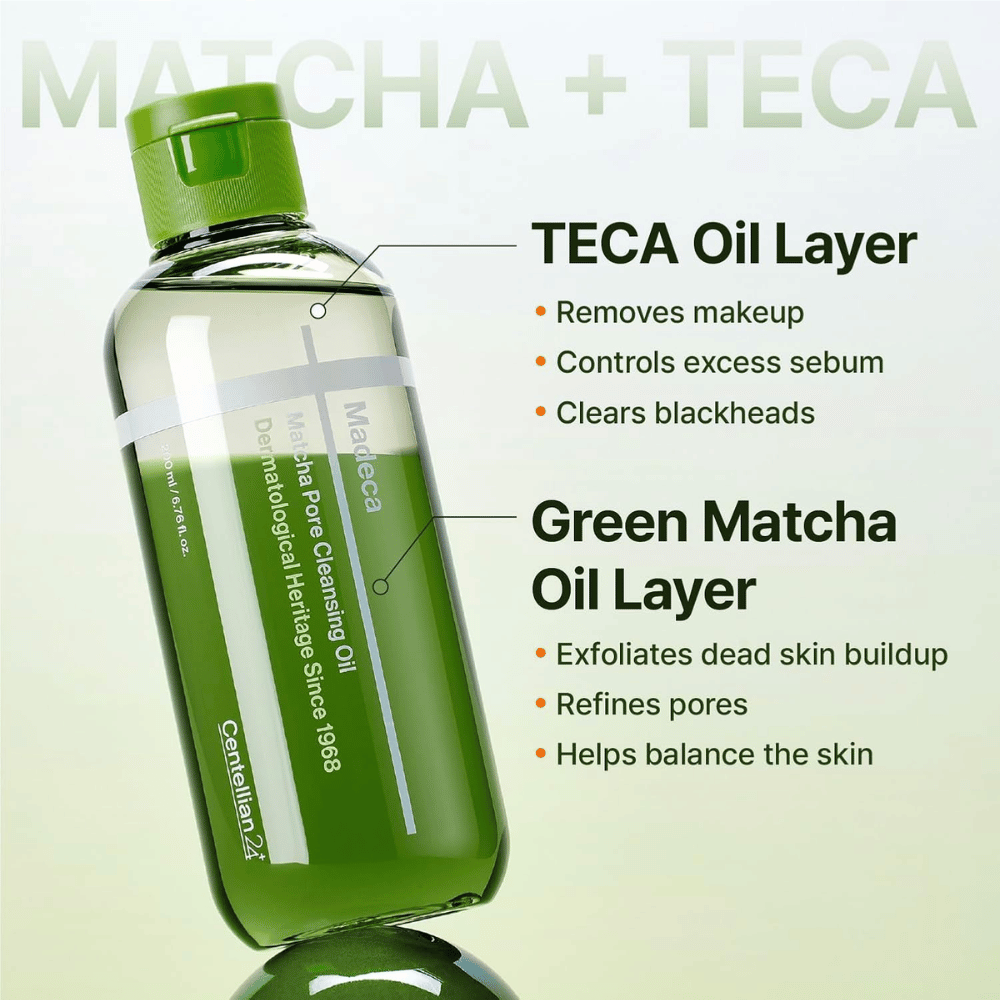 Centellian24 Madeca Matcha Pore Cleansing Oil avec une formule biphasée qui dissout le maquillage et le sébum