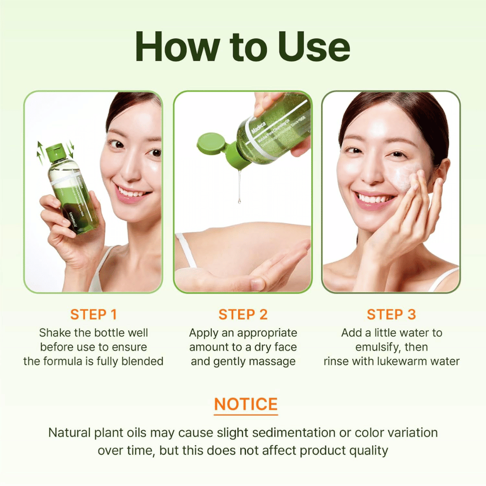 Centellian24 Madeca Matcha Pore Cleansing Oil guide d'utilisation pour le nettoyage de la peau