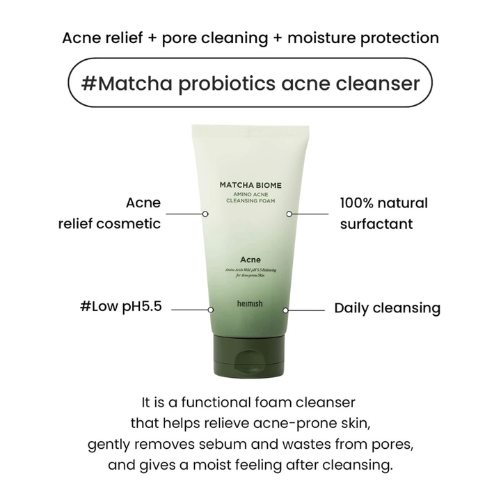 Heimish Matcha Biome Amino Acne Cleansing Foam pH bas 5.5 – nettoyant pour l'acné qui nettoie les pores, réduit le sébum et hydrate la peau
