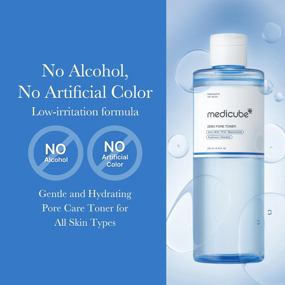 Medicube Zero Pore Toner 250 ml, lotion tonique hydratante pour le visage sans alcool ni colorants artificiels. Flacon bleu avec des bulles d’eau.