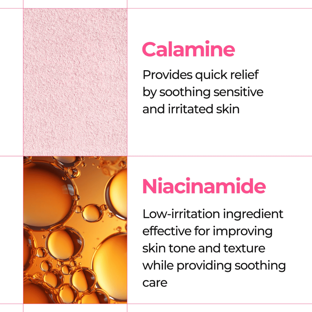 Gros plan sur la calamine et le niacinamide qui apaisent les peaux sensibles dans Dr. Melaxin Melting Cleanser