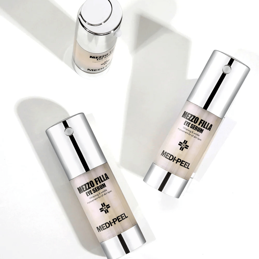 MEDI-PEEL Mezzo Filla Eye Serum sous plusieurs angles – sérum pour les yeux coréen avec peptides et acide hyaluronique pour une peau plus ferme et des rides réduites autour des yeux.