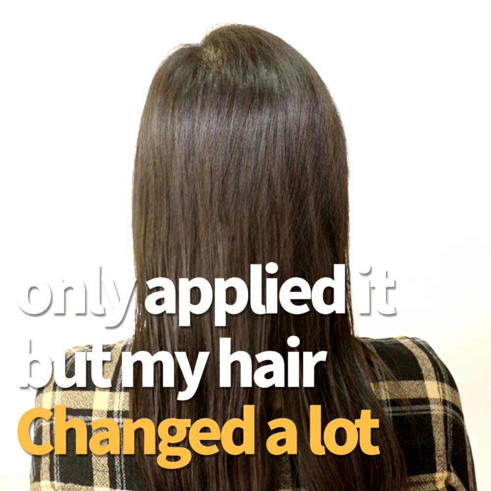 Image avant-après montrant des cheveux plus doux et plus brillants après l’utilisation du soin capillaire.