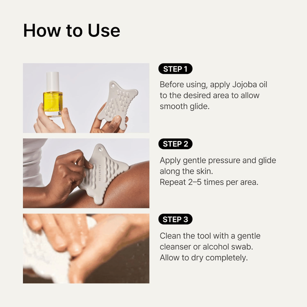 Image d’instruction montrant comment RETURNITY Mini Guasha est utilisé avec de l’huile de jojoba pour un massage fluide et un nettoyage après utilisation.