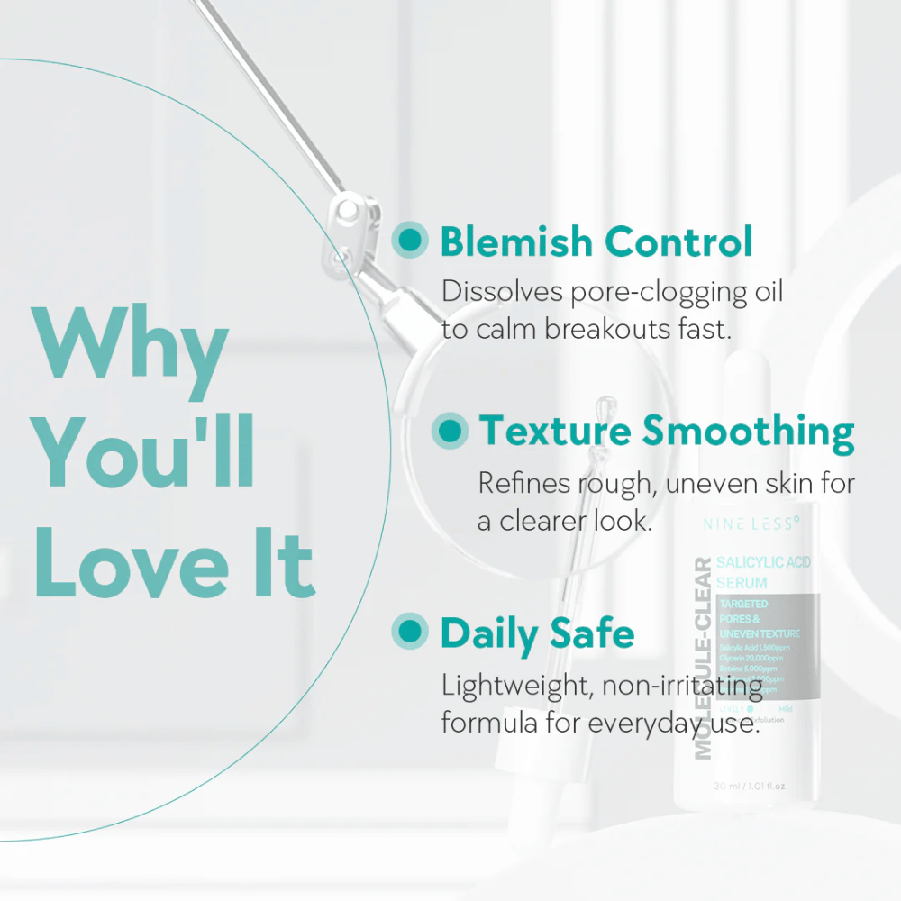 Avantages de Nineless Molecule-Clear Salicylic Acid Serum : contrôle les boutons en débouchant les pores, lisse la texture de la peau et est sûr pour une utilisation quotidienne.