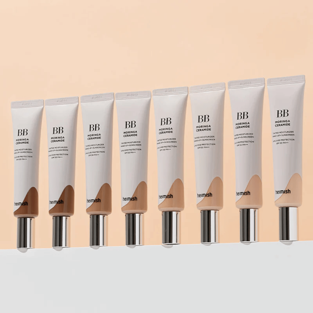 Rangée de Heimish Moringa Ceramide BB Cream dans plusieurs nuances de couleur. L’image illustre la variation des toner visage plus clairs aux plus foncés afin de convenir à différents tons de peau et besoins.