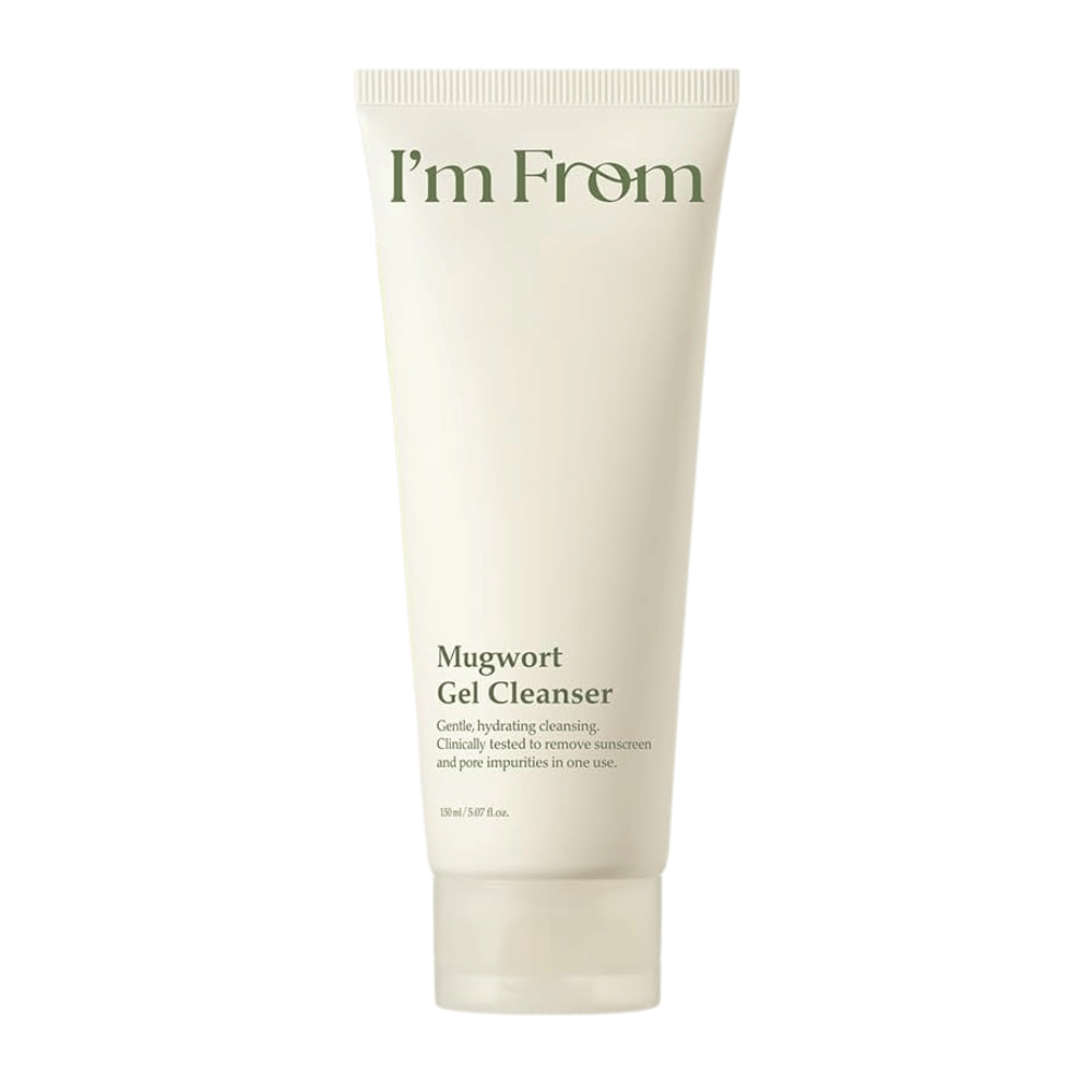 I'm From Mugwort Gel Cleanser 150 ml, nettoyant visage doux et hydratant au mugwort dans un tube beige clair sur fond blanc.