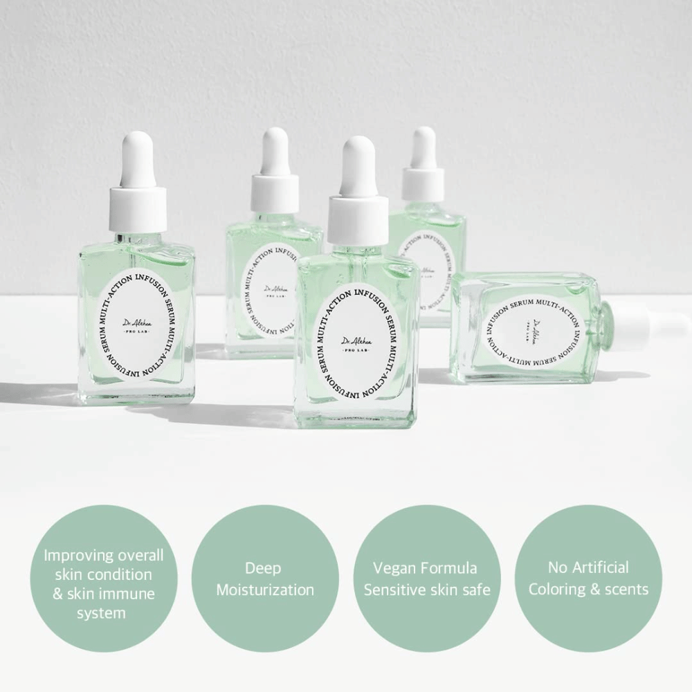 Dr. Althea Multi Action Infusion Serum qui renforce la barrière cutanée, offre une hydratation profonde, convient aux peaux sensibles et donne un éclat naturel.