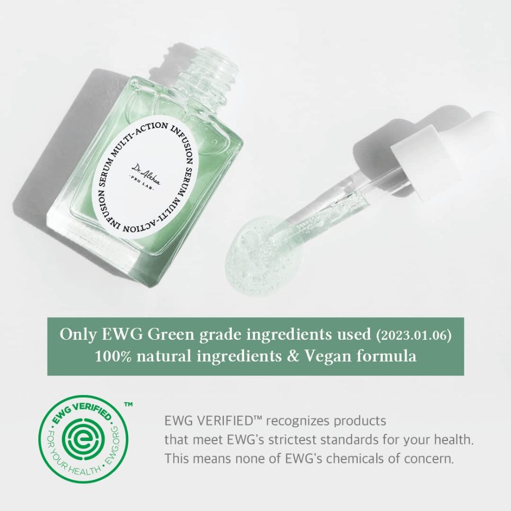 Dr. Althea Multi Action Infusion Serum avec une formule vegan et des ingrédients certifiés EWG, doux pour la peau sensible et sans substances nocives.