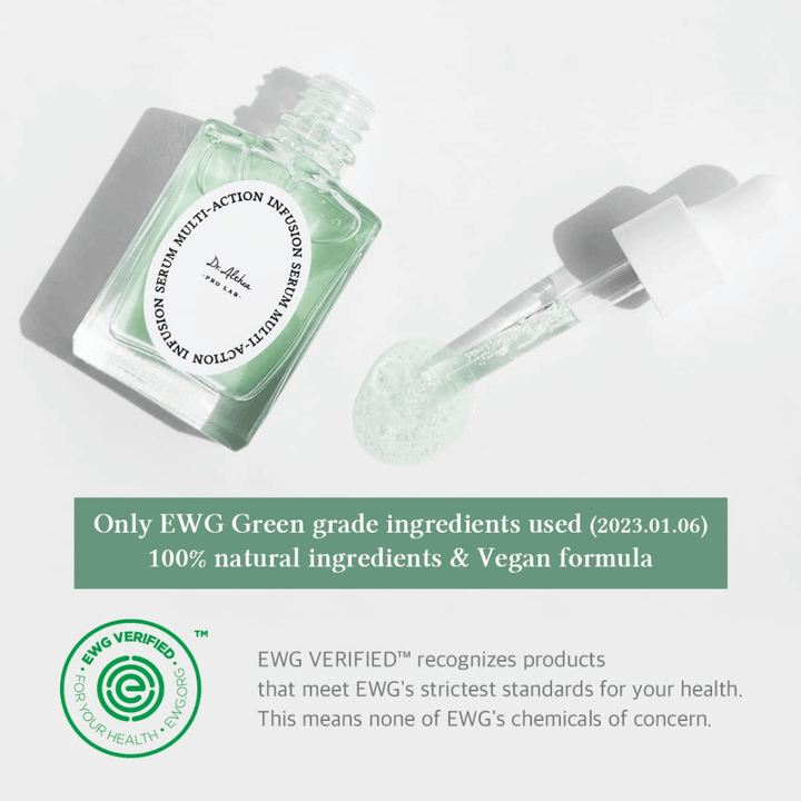 Dr. Althea Multi Action Infusion Serum avec une formule vegan et des ingrédients certifiés EWG, doux pour la peau sensible et sans substances nocives.
