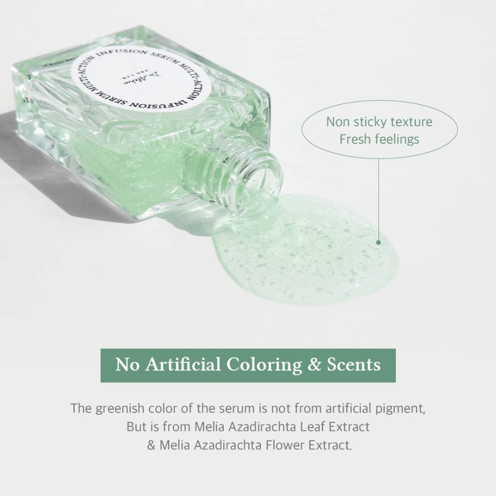 Dr. Althea Multi Action Infusion Serum avec une texture légère et fraîche sans sensation collante, enrichi d'ingrédients naturels et sans parfum.