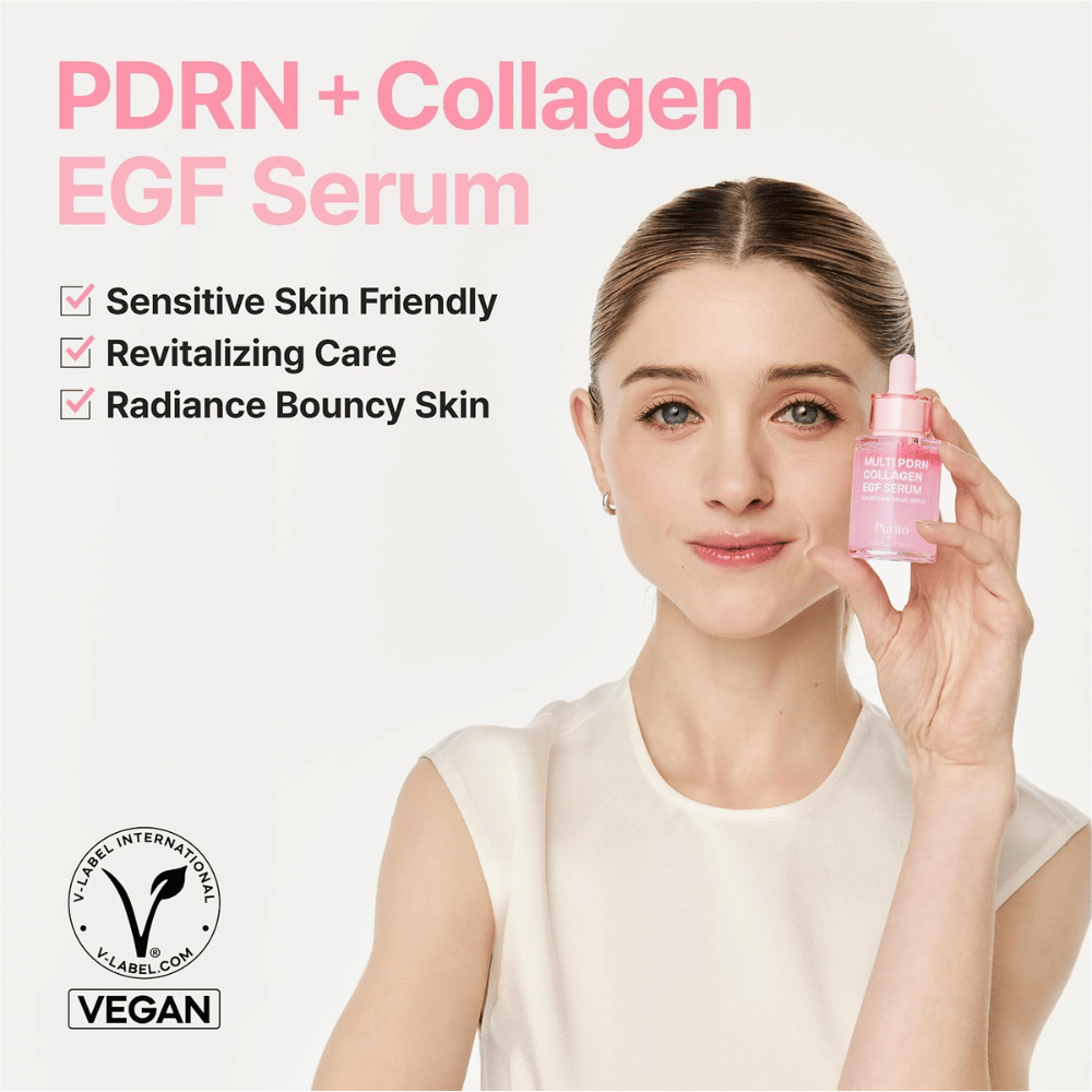 Purito Multi PDRN Collagen EGF Serum – sérum vegan pour peau sensible, éclat et fermeté.