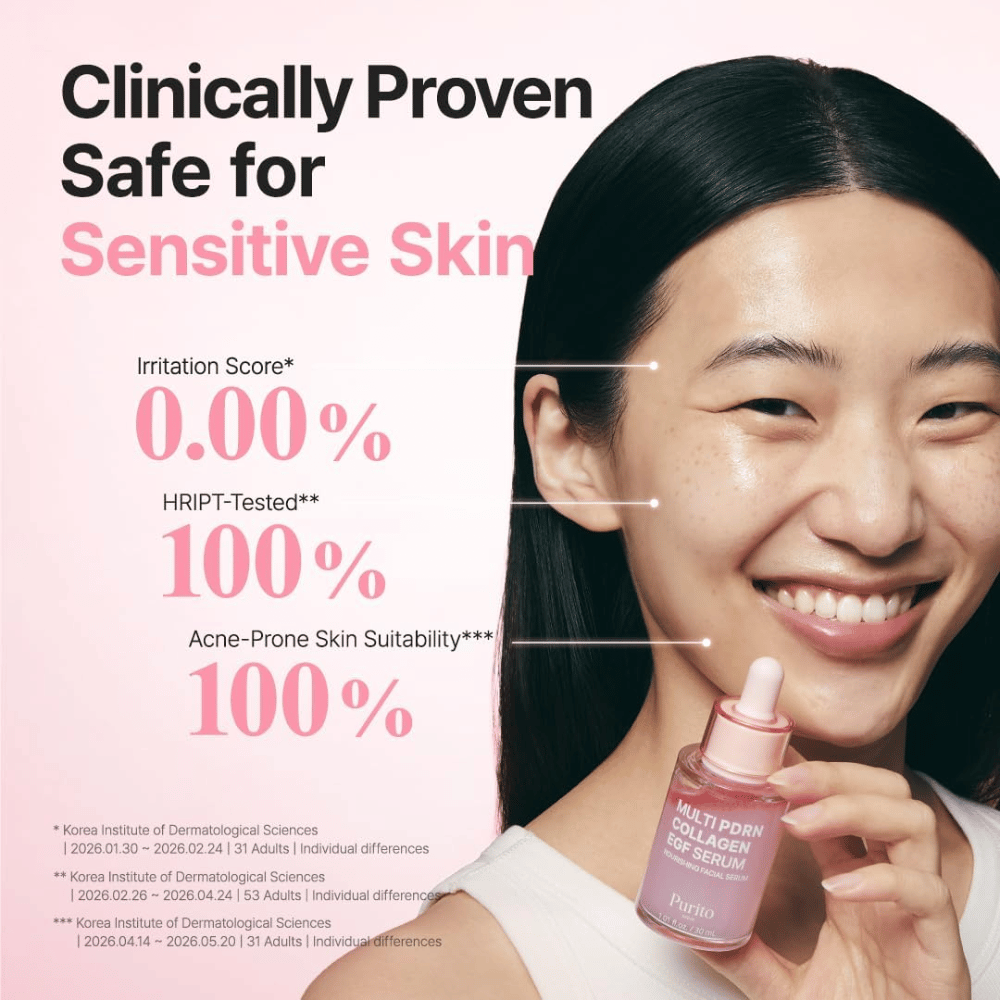 Purito Multi PDRN Collagen EGF Serum – sérum cliniquement testé, adapté aux peaux sensibles et à tendance acnéique.