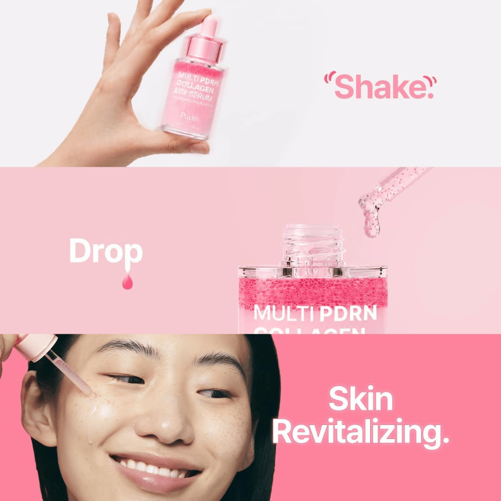 Purito Multi PDRN Collagen EGF Serum – application du sérum rose pour une peau hydratée et revitalisée.