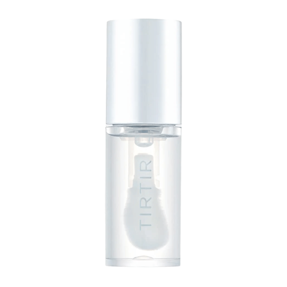 TIRTIR My Glow Lip Oil dans une bouteille transparente avec un couvercle blanc et un design minimaliste, détaché sur fond blanc.