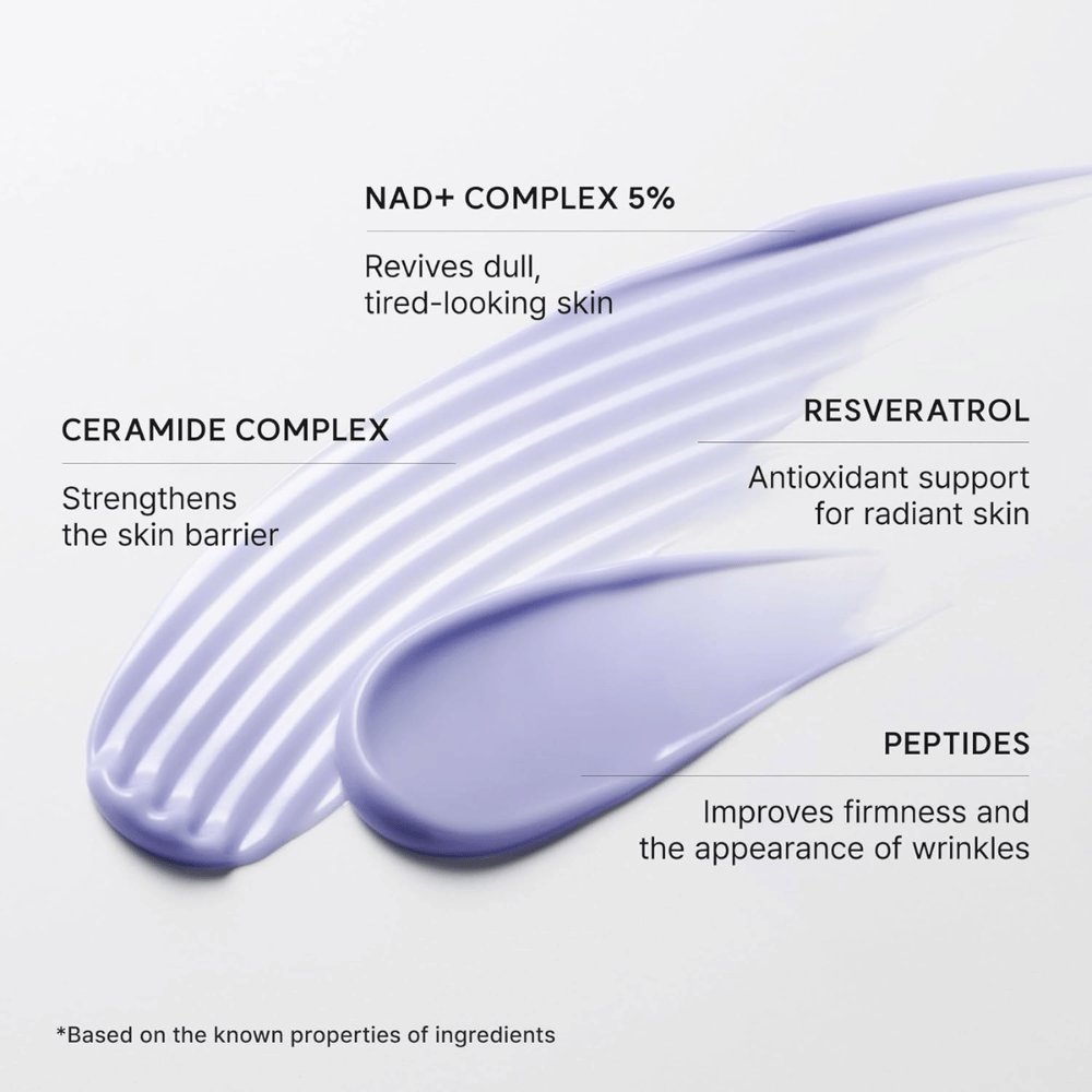 Arencia NAD+ Booster Shot avec 5 % de complexe NAD+, un complexe de céramides, du resvératrol et des peptides pour l’éclat, la fermeté et la barrière cutanée.