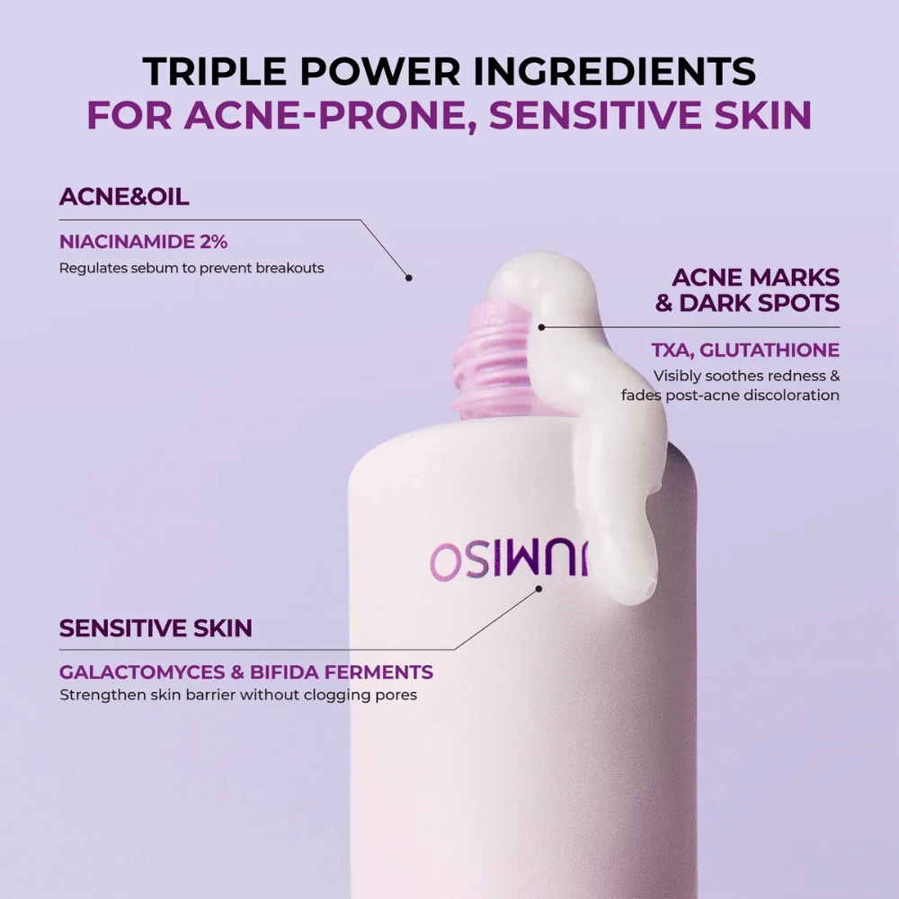 Infographie présentant les ingrédients clés du produit et leurs fonctions. La niacinamide aide à réguler la production de sébum, l’acide tranexamique et le glutathion contribuent à un teint plus uniforme, tandis que les ferments de galactomyces et de bifida renforcent la barrière cutanée.